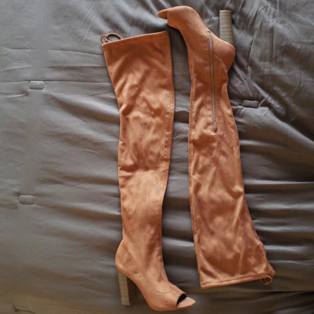 Thigh high open toe boots